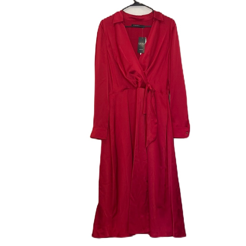 Ralph Lauren Satin Point Collar Side Sash Long Sleeve Faux Wrap Midi Dress 12